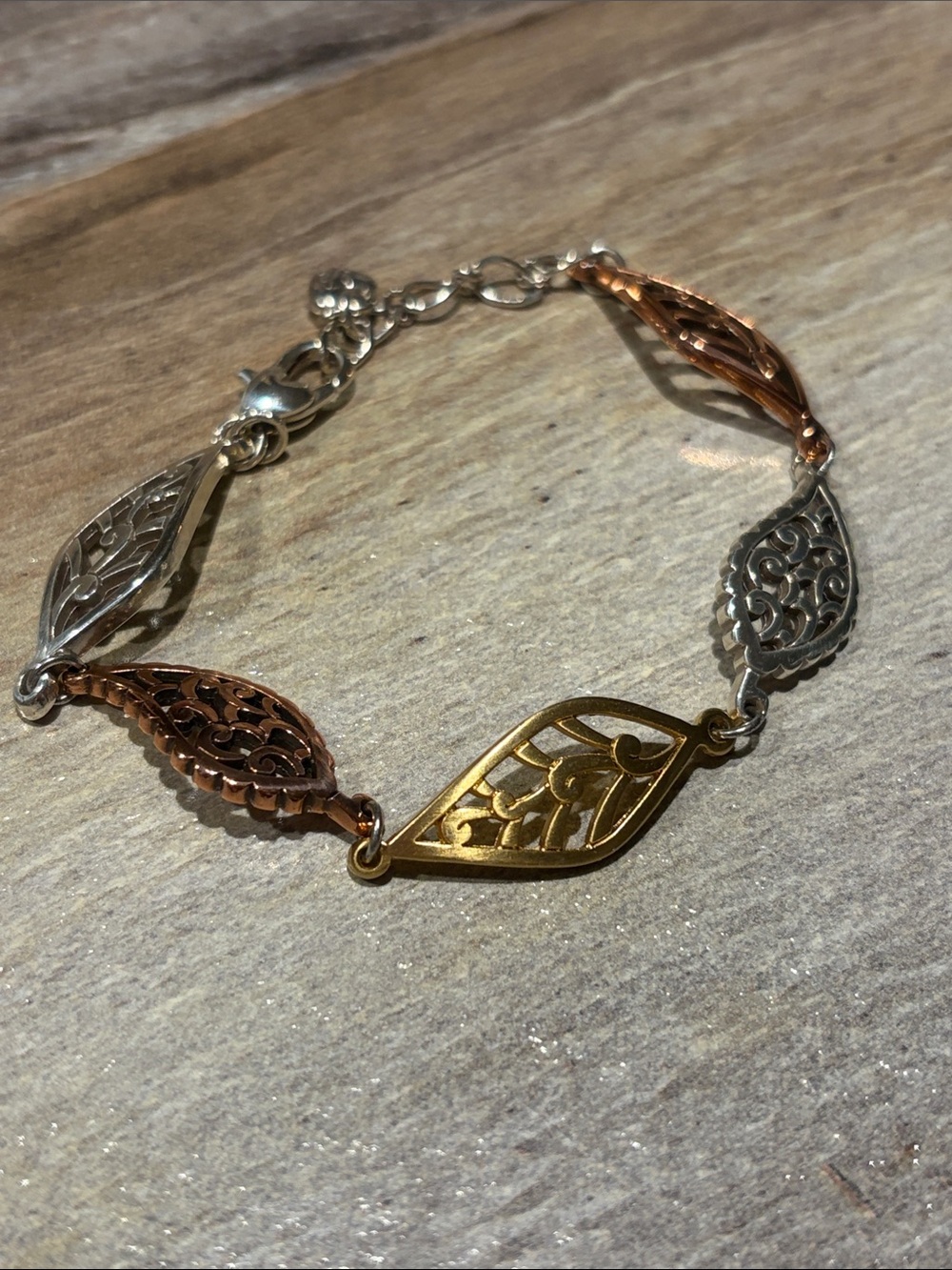 Bright Tri-Tone Filigree Leaf Bracelet - Gold, Rose Gold & Silver